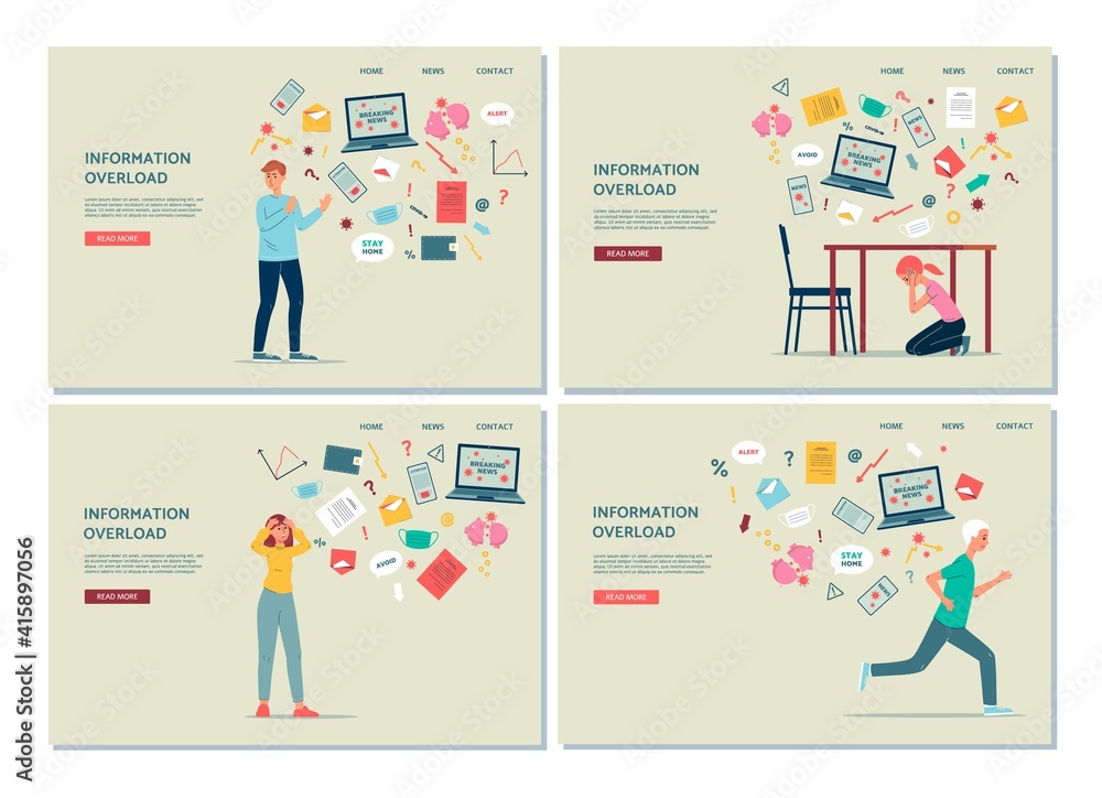 Information overload web banners with stressed people, flat vector illustration.