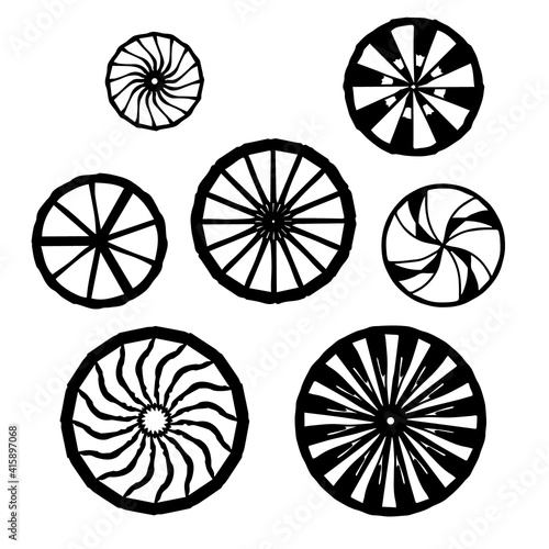 set with abstract elements, wheels, circles, ornaments, black and white, stylized, vector graphics