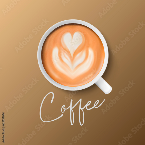 Vector 3d Realistic Ceramic White Porcelain Ceramic Coffee Mug, Cup Closeup Isolated on Brown Background. Foam Coffee, Capuccino, Latte. Flower, Heart Pattern. Design Template. Top View