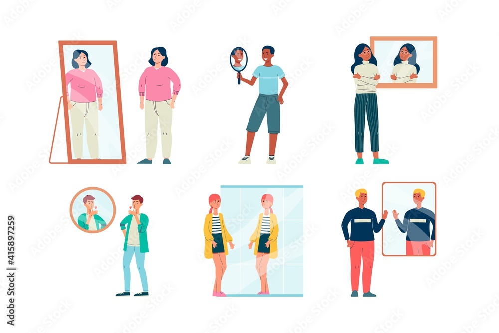 People look at their reflection in mirror, flat vector illustration isolated. People look at their reflection in mirror, flat vector illustration isolated.