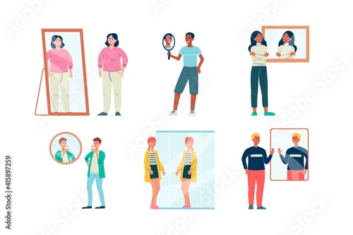 People look at their reflection in mirror, flat vector illustration isolated.