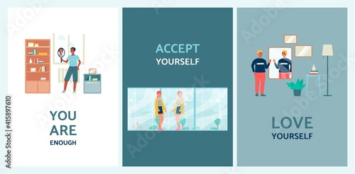 Set of posters on body positivity and self-acceptance flat vector illustration.