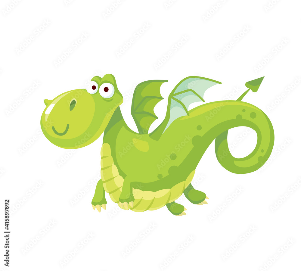 Vector image of cute little childish drawn sytle flying dragon dinosaur fairy tale cartoon character.
