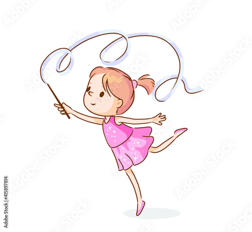 Little baby girl in pink sportswear dress performing sport rhythmic gymnastics element, move with ribbon standing on one and stretching another leg. Rhythmic gymnast dancing and spirals with ribbon