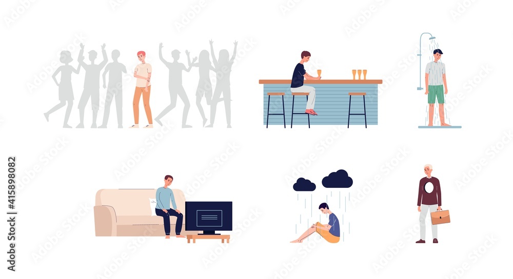 Loneliness, stress and depression of sad young man a vector illustrations.