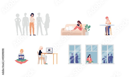Lonely women characters in everyday scenes, flat vector illustration isolated.