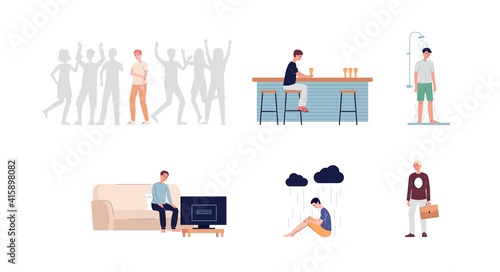 Loneliness, stress and depression of sad young man a vector illustrations. © sabelskaya
