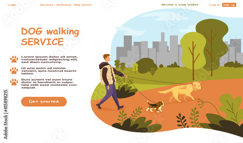 Dog walking service concept. A man walks with dogs in the park. Landing page, website, banner template for pet service. Vector illustration in cartoon style.