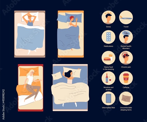 Causes of insomnia a banner with vector infographics.