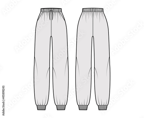 Sweatpants technical fashion illustration with elastic cuffs, normal waist, high rise, drawstrings. Flat knit training trousers apparel template front, back, grey color. Women men unisex CAD mockup