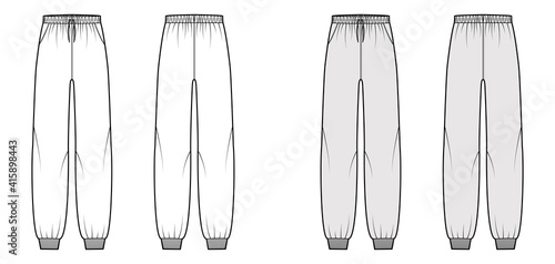 Sweatpants technical fashion illustration with elastic cuffs, low waist, rise, full length, drawstrings. Flat knit training apparel template front, back, white grey color. Women men unisex CAD mockup