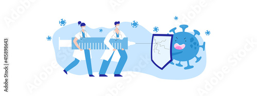 Doctors and nurses fight coronavirus with covid-19 vaccine. People carry big syringe with antivirus shot and inject pathogen. Healthcare, coronavirus, prevention and immunize. Stop covid pandemic.