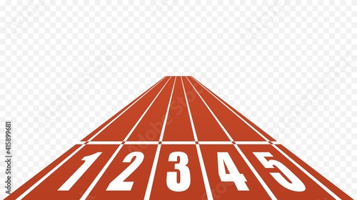 Starting red running track stadium isolated. Straight race track with start white numbers speed and vector endurance competitions.