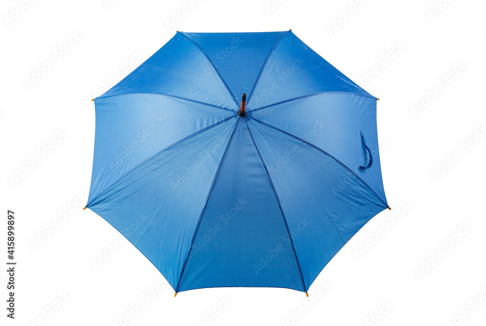 Blue umbrella cane in open position isolated on white. Close-up. Full depth of field. Blue umbrella cane in open position isolated on white. Close-up. Full depth of field.