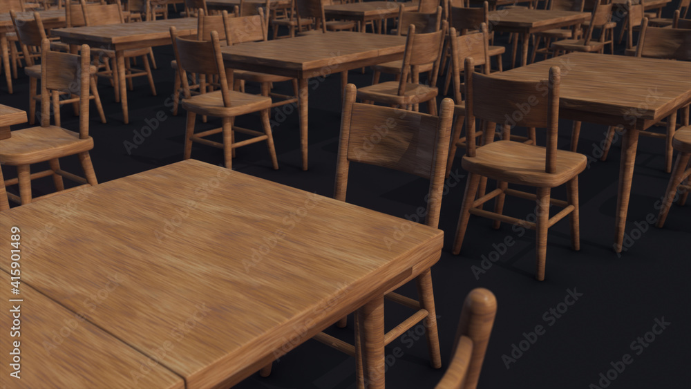 3d rendered illustration of Multiple Empty Wooden Dining Table and Chairs Isolated on dark background. High quality 3d illustration