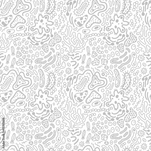 Bacteria, microbe, virus seamless pattern. Vector background with fantasy microorganism, cell, probiotic, mold, germ etc. Abstract doodle illustration.