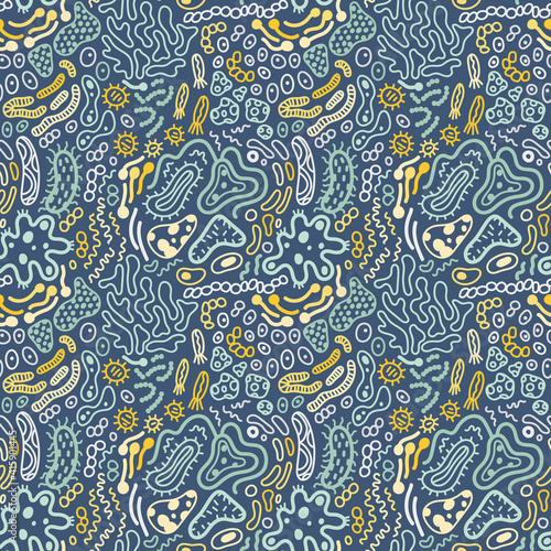 Virus, bacteria, microbe seamless pattern. Vector background with fantasy microorganism, germ, mold, cell, probiotic etc. Abstract doodle illustration.