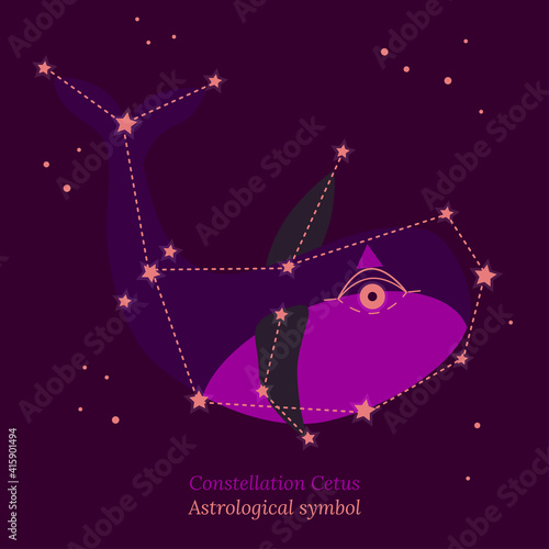 Abstract illustration of constellation Cetus,connection of stars in sky, star map. Astrological symbol on dark purple background. Vector illustration for cart tarot design, social groups, communities.