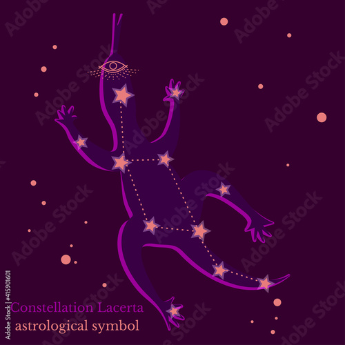 Abstract illustration of constellation Lacerta, connection of stars in sky, star map. Astrological symbol on dark purple background. Vector illustration for cart tarot design, social groups.