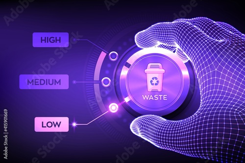 Waste management concept. Wireframe hand setting waste level button on lowest position to optimize manufacture production and reduce costs. Lean management concept. Vector illustration.