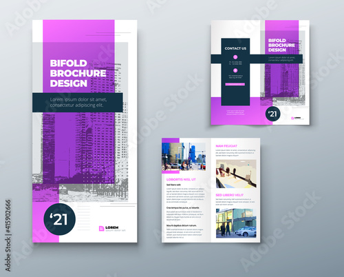 Bi fold purple brochure or flyer design with circle. Creative concept flyer or brochure. Template is white with a place for photos.