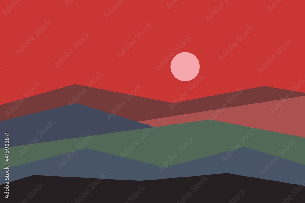 Red sun set sky. Brown, gray, blue, green and black mountains silhouette. Sandy dunes. Graphic design. Nature and ecology. Horizontal orientation. Template for social media, post cards and posters