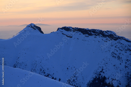 Giewont peak - the most famous polish mountain, simbol of Tatra Mountains and Zakopane in winter, Tatras, Poland
