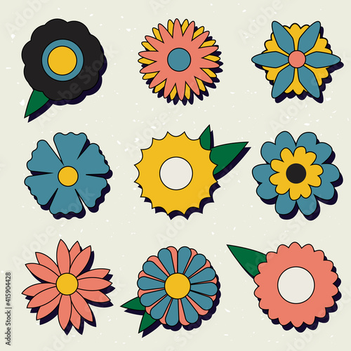 Set of isolated retro vector groovy flowers icons (ID: 415904428)