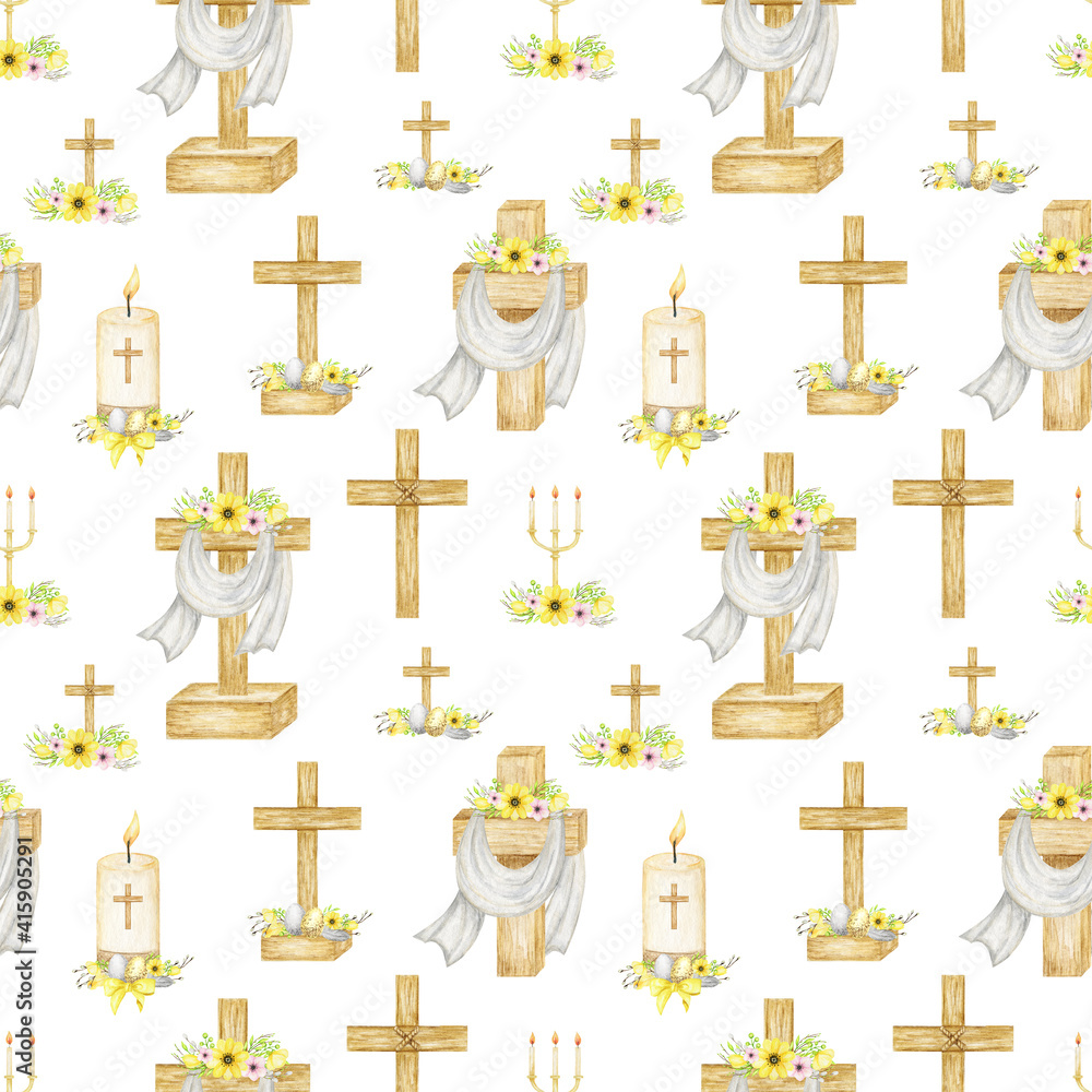 Easter Christian Cross Seamless pattern. Catholic Church floral cross with flowers and eggs fabric design background. Spring holidays Religion symbol scrapbook paper for Baptism, first communion