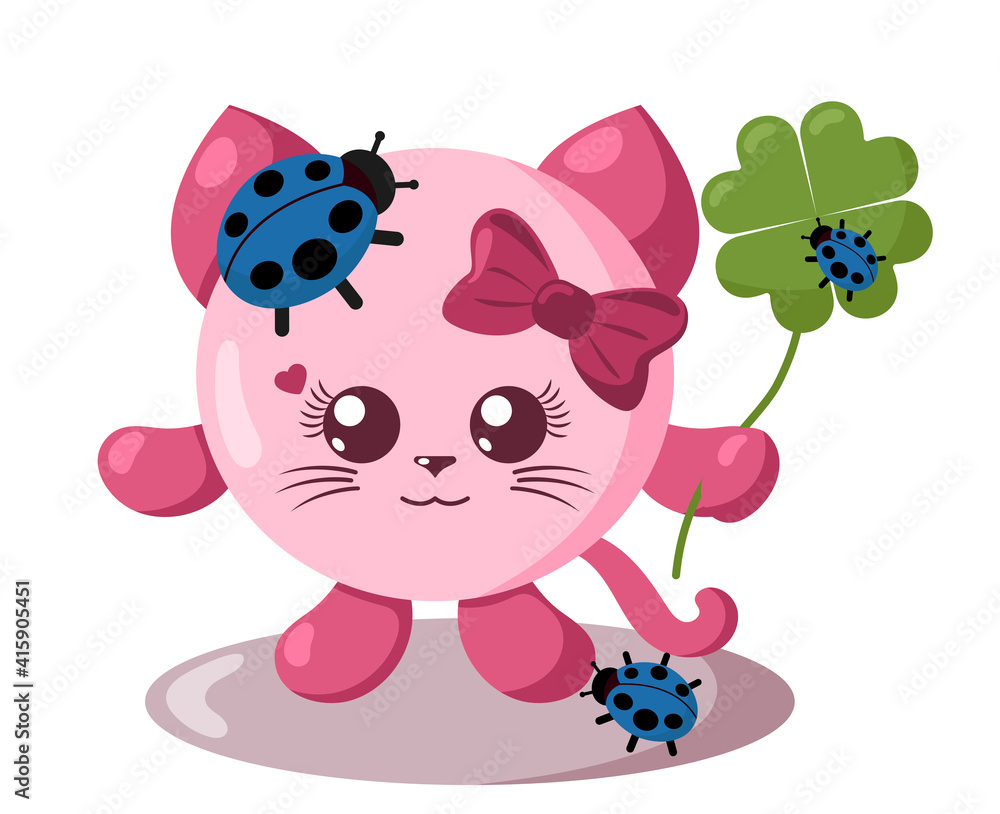 Fototapeta premium Funny cute smiling cat with round body and ladybugs holding four-leaf good luck clover in flat design with shadows. Isolated animal vector illustration