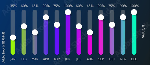 Yearly chart of 12 graphs, vector infographic template for report, presentation in modern glowing bright colors on dark background.