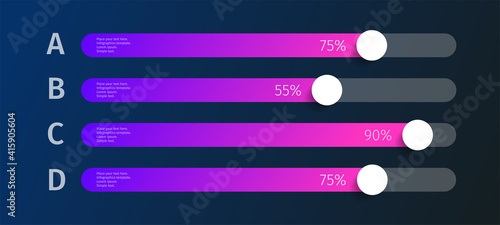 Modern colorful purple and blue glowing gradient 3d chart, graph, on dark background. Template for horizontal diagram, presentation. 4 Infographics elements. Vector illustration.