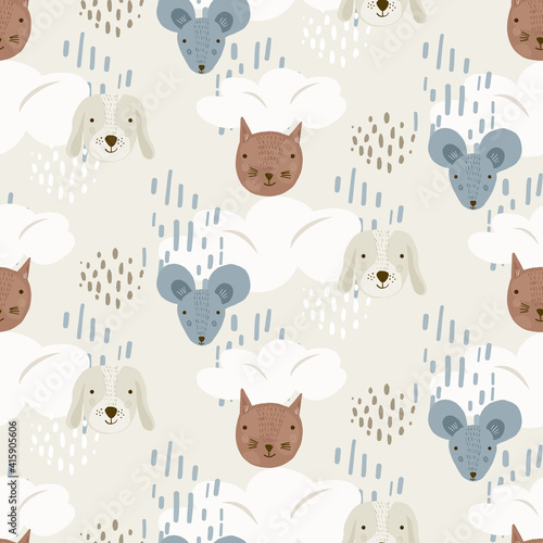Cute cartoon seamless pattern with mice, dogs and cats heads on beige sky with clouds and dots. Funny texture with pets for kids design, wallpaper, textile, wrapping paper, background
