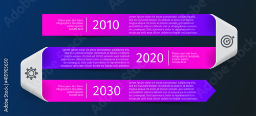 Infographics layout with 3 steps, parts, options, on dark background. Modern colorful glowing purple and blue timeline arrows. Template for horizontal diagram, presentation. Vector illustration.
