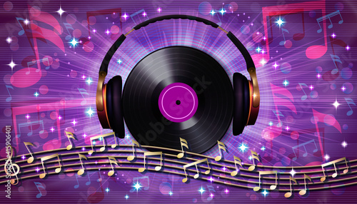 Abstract musical background with random notes on the musical staff, headphones and retro vinyl record.