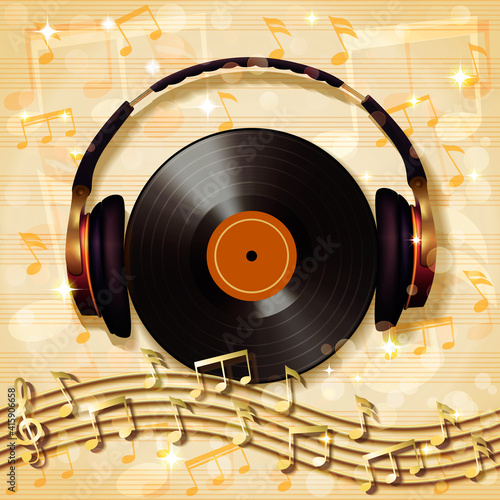 Abstract musical background with random notes on the musical staff, headphones and retro vinyl record. 