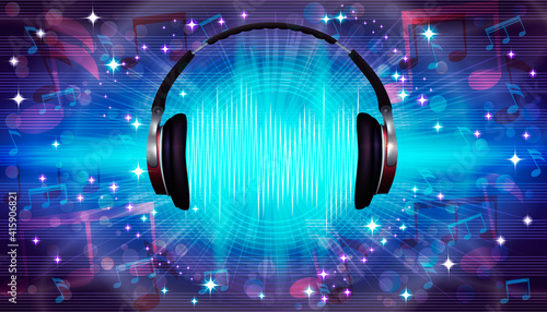 Abstract musical background with  notes and headphones.