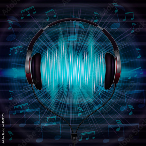 Abstract dark musical background with  notes and headphones. 
