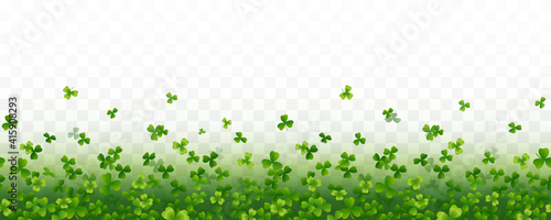 Shamrock flying leaves seamless border isolated on transparent background. Green irish symbols Good Luck banner. Vector clover pattern for Saint Patrick's Day holiday greeting card design