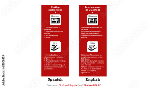 heating instructions for microwave and stove in english and spanish, red label, for little business and big enterprises, for canned food