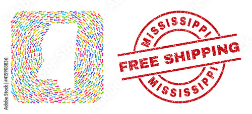 Vector collage Mississippi State map of moving arrows and rubber Free Shipping badge. Collage geographic Mississippi State map constructed using colored arrows near rounded square carved shape.