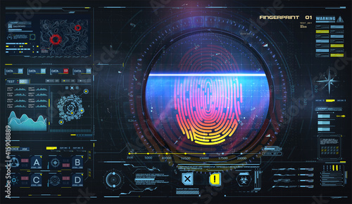 Concept of fingerprint technology identification. Biometric Interface. Futuristic sci-fi red interface, biometric authorization technology on tech background with HUD, GUI, FUI elements. Vector