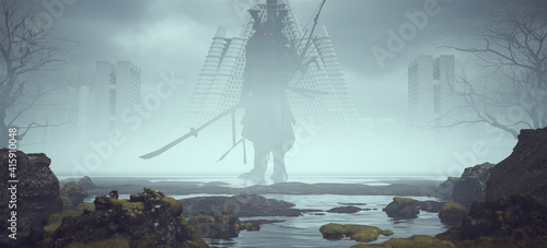 Quadro su tela Futuristic Samurai Giant in a Landscape near Foggy Abandoned Brutalist Style Arc