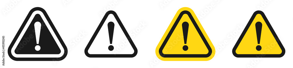 Warning icons set, exclamation mark on triangle signs. Isolated attention symbols on white background. Warning alert on black and yellow vector design. Warning icons set, exclamation mark on triangle signs. Isolated attention symbols on white background. Warning alert on black and yellow vector design.