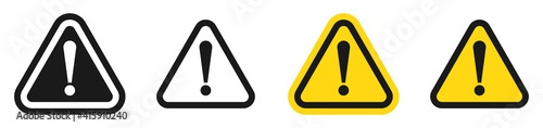 Warning icons set, exclamation mark on triangle signs. Isolated attention symbols on white background. Warning alert on black and yellow vector design.