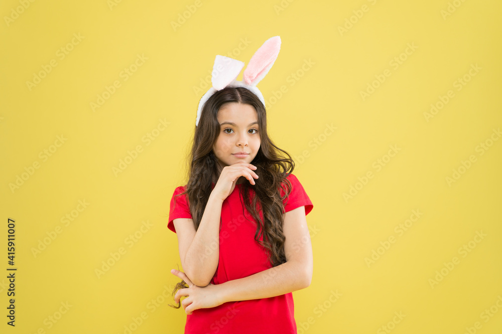Bunny child. Girl child wear rabbit ears. Join my party. Spring season. Holiday celebration. Charismatic baby advertising easter topic. Little child celebrate Easter. Small child Easter style