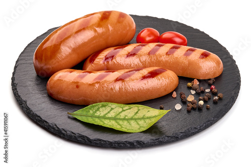 Grilled pork sausages, isolated on white background. High resolution image
