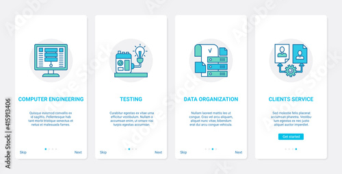 Testing and development of business customer service technology vector illustration. UX, UI onboarding mobile app page screen set with line test data optimization, developing applications for users