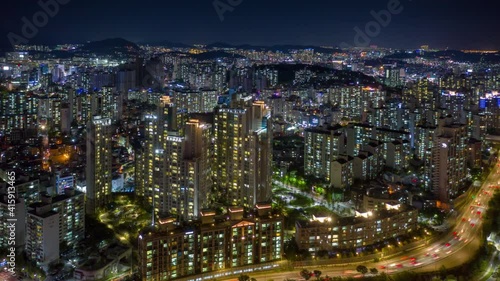 flight over seoul city night illumination aerial panorama 4k timelapse south korea photo