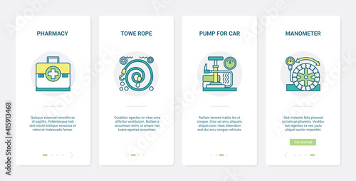 Repair equipment for car service vector illustration. UX, UI onboarding mobile app page screen set with line car pump, manometer pressure gauge, first aid kit pharmacy, tow vehicle rope symbols